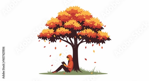 Autumnal Scene of a Person Reading Under a Colorful Tree