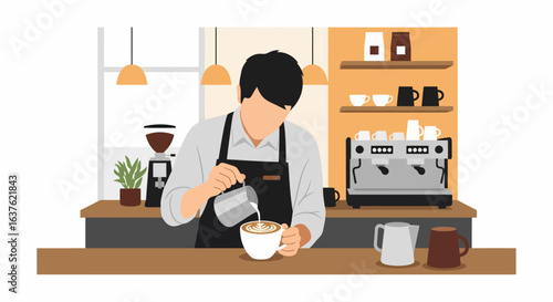 Barista Crafting Latte Art in a Coffee Shop Setting, Pouring Milk