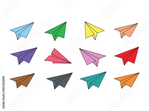 Colorful paper airplanes: A visually appealing array of twelve paper airplanes in an orderly pattern. Featuring an assortment of vibrant, cheerful hues, symbolizing ideas, thoughts, communication.