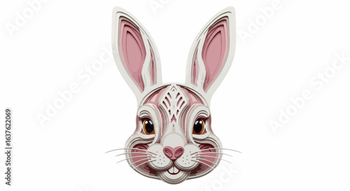 Charming layered paper cut rabbit face with delicate pink accents and expressive brown eyes, perfect for spring and Easter promotions