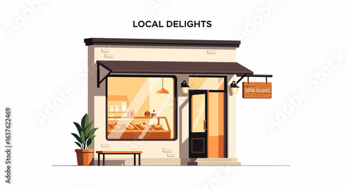 Charming bakery facade with pastries, hanging sign, and potted plant illustration