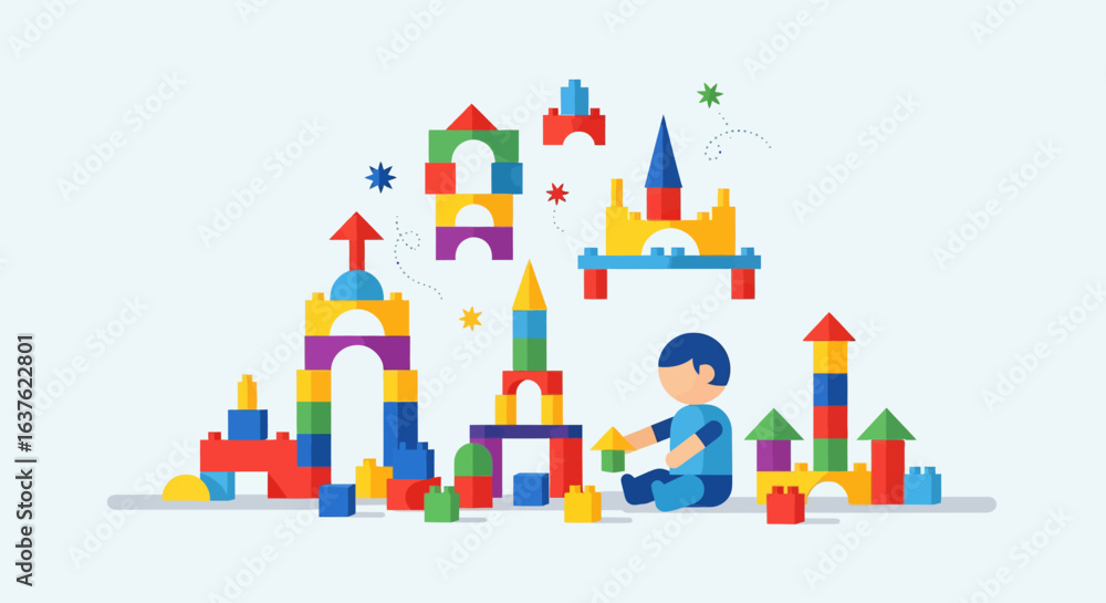 Fototapeta premium Colorful Blocks and a Child Building Structures, Playing and Creating