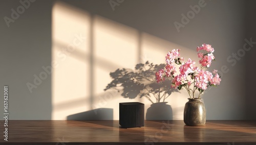 Wallpaper Mural Wooden surface, sunlight, pink flowers, vase, shadow Torontodigital.ca