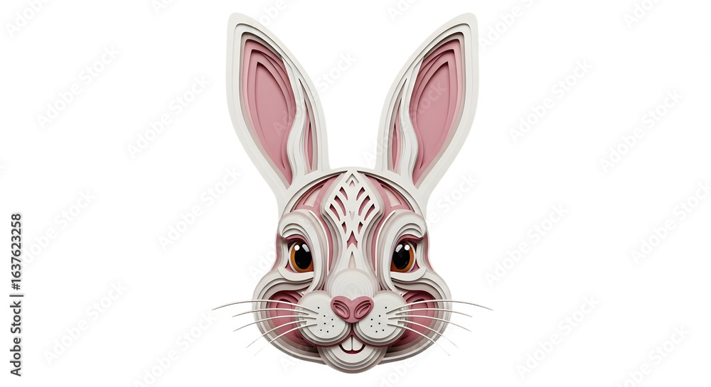 Obraz premium Charming layered paper cut rabbit face with delicate pink accents and expressive brown eyes, perfect for spring and Easter promotions