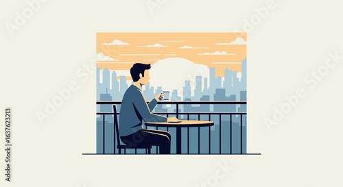 Contemplative Man Sipping Coffee on Balcony Overlooking Cityscape at Sunset