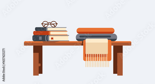 Cozy Reading Nook: Stacked Books, Eyeglasses, and Folded Scarf on Wooden Table