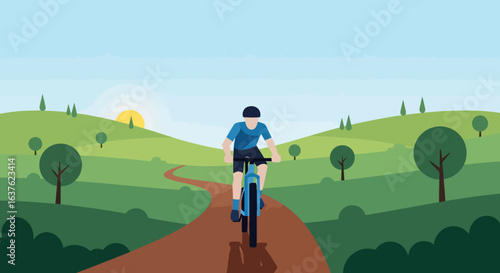 Cyclist pedals down a winding dirt path through rolling green hills at sunrise