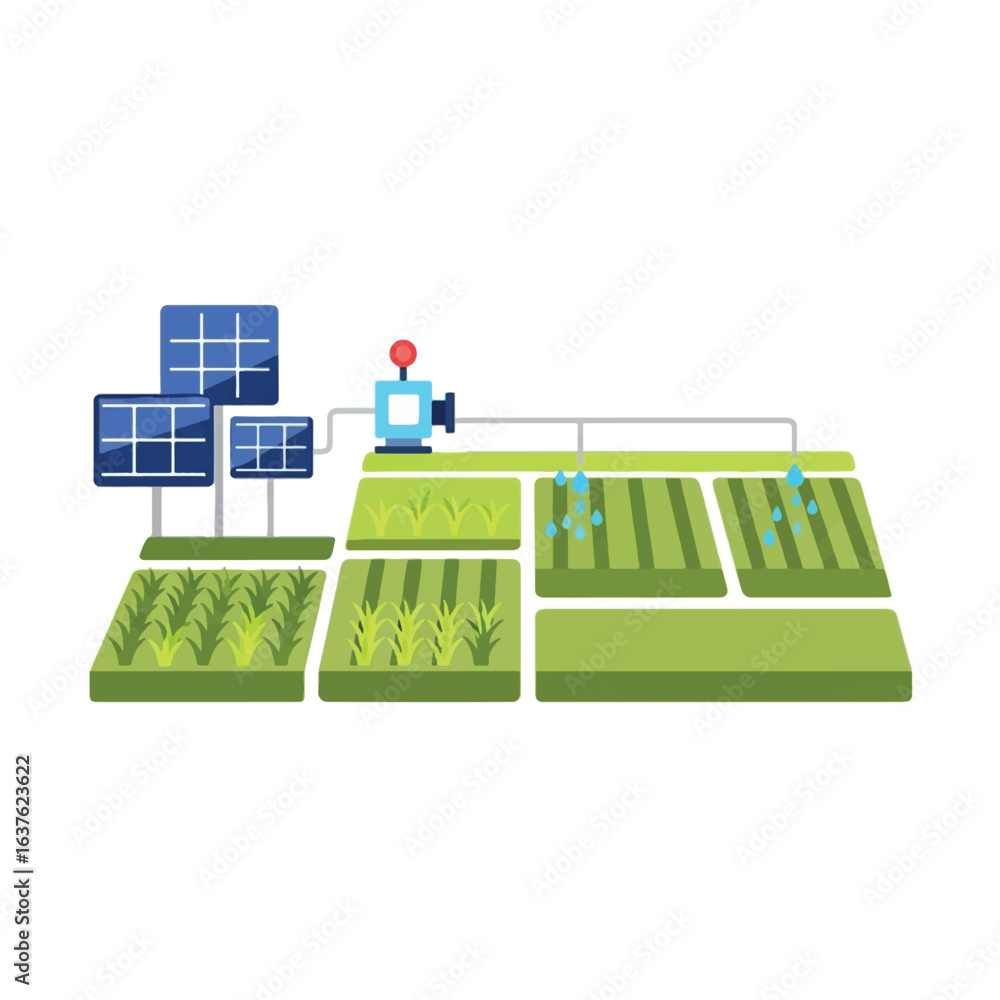 Obraz premium Solar panels power an irrigation system watering crops in a field, representing sustainable agriculture.
