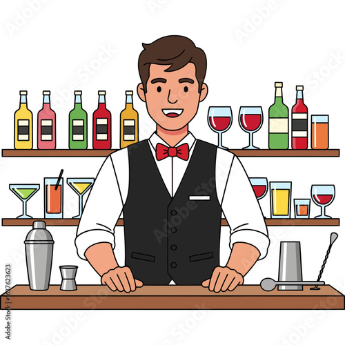 Smiling male bartender character at a bar counter with bottles and cocktails. Professional hospitality and mixology service concept.