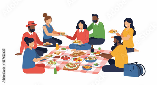 Diverse group enjoying a picnic with sandwiches, salads, and drinks on a red checkered blanket.