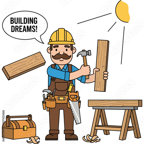 Cartoon carpenter character building dreams with wood and tools. An inspirational construction worker creating a new project.