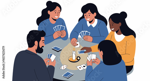 Diverse group playing cards around a candlelit table, enjoying a game night
