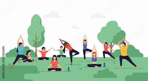 Diverse Group Practicing Yoga Poses Outdoors in a Park Setting