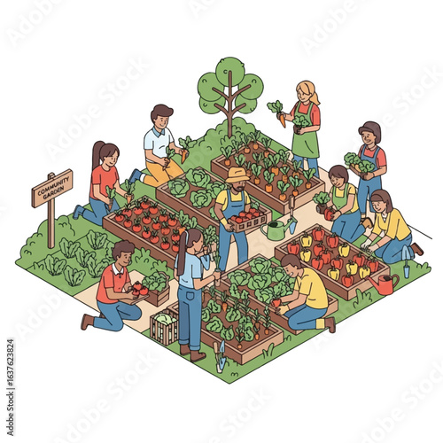 Community garden scene, diverse group tending vegetable plots.