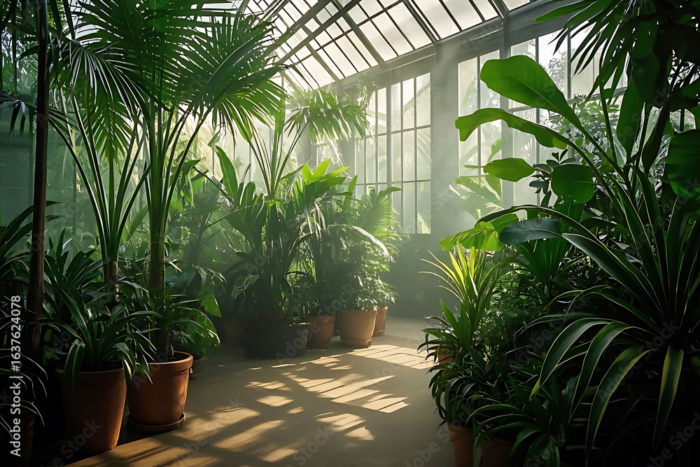 Fototapeta premium Lush greenery fills a glass greenhouse.