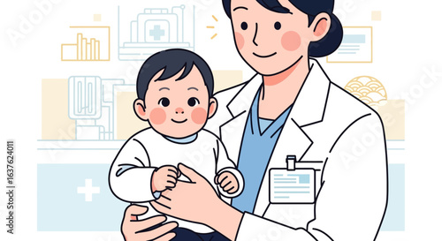 A friendly doctor holding a happy baby in a clinic setting.