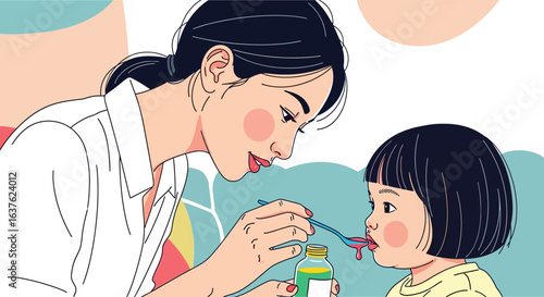 Mother lovingly administers medicine to her young daughter.