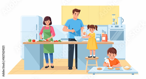Family baking and cooking together in a bright kitchen, creating sweet treats