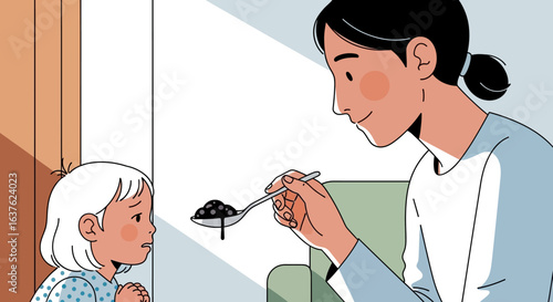 Mother gently feeds medicine to her hesitant child.