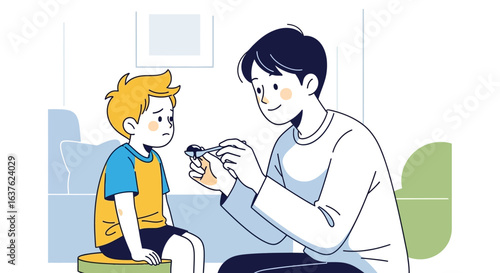 A caring adult examines a young child's eyes with a medical instrument indoors, showing concern.