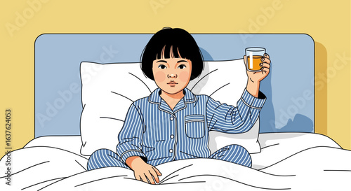 Young girl in pajamas sits in bed, holding up a glass of juice.