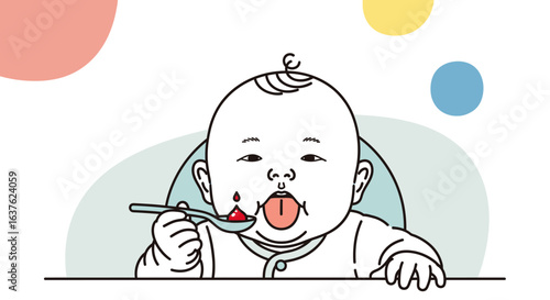 A baby is being fed with a spoon, showing expression while tasting the food.