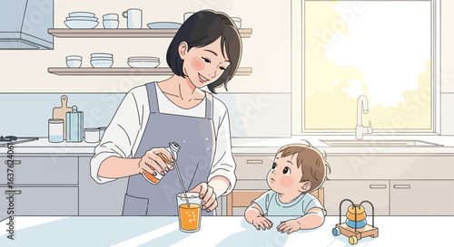 A mother pours juice for her toddler in a bright, cheerful kitchen setting.