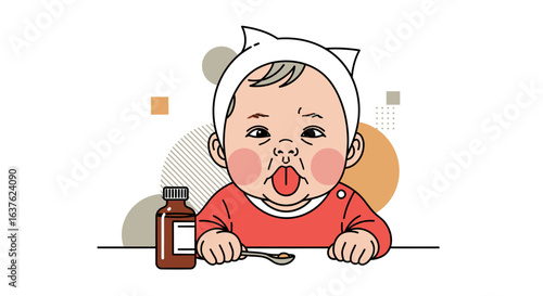 Illustration of a baby with a cat-eared hat sticking out its tongue, with medicine bottle and spoon on a table.