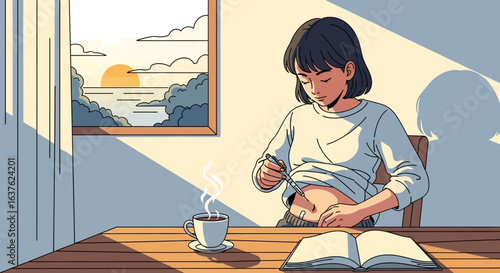 Young woman administers insulin injection at home, peaceful morning scene.