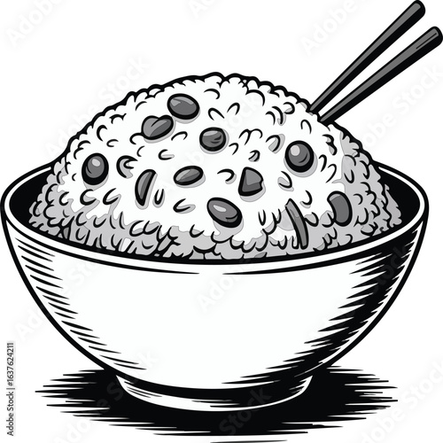 Black and white cartoon-style sketch of fried rice in a bowl, with hand-drawn grains, vegetables, and garnish details in a fun, outlined food illustration.