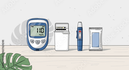 A digital illustration depicting diabetes management tools, including a glucose meter displaying a reading, test strips, a lancing device, and alcohol wipes, arranged on a surface.