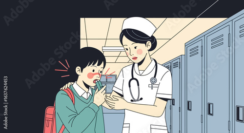 A concerned school nurse checks a young student's temperature with a non-contact thermometer in a school hallway with lockers.