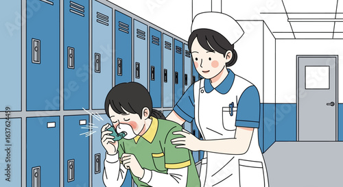 Nurse assisting a distressed person in a locker room, possibly experiencing a medical emergency.