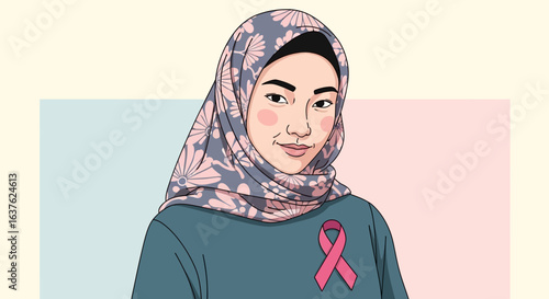 Colorful illustration of a woman wearing a hijab and a pink ribbon, promoting awareness.