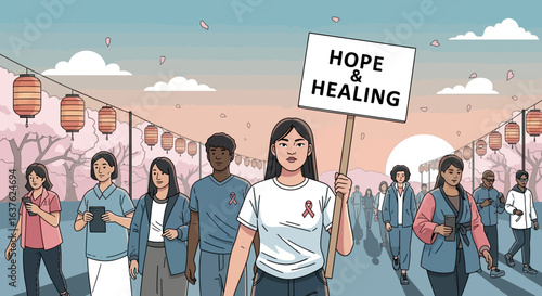 A diverse group marches for hope and healing, carrying a sign amidst a serene, blossoming street scene.