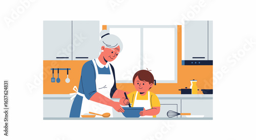 Grandmother and Grandchild Baking Together in a Bright Kitchen, Smiling.