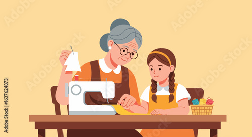Grandmother and granddaughter sewing together at a wooden table with a sewing machine