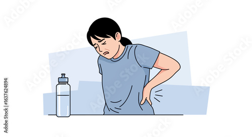 A person experiencing back pain, holding their lower back, with a water bottle nearby.