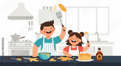 Joyful pancake making: Father and daughter cooking together in the kitchen