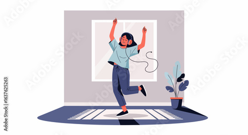 Joyful Woman Dancing with Headphones in a Bright, Modern Room
