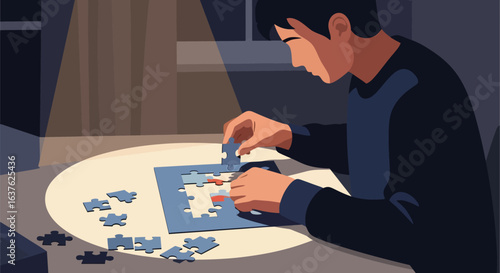 Man completing a jigsaw puzzle under warm light, focused on the challenge
