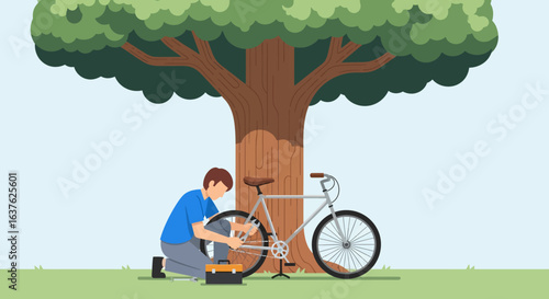 Man repairing bicycle under a large tree with a toolbox nearby