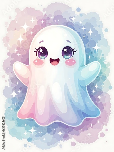 Smiling ghost cartoon in soft pastel hues with sparkling background big cute eyes and rosy cheeks for kids illustrations greeting cards nursery prints sticker products and social media content