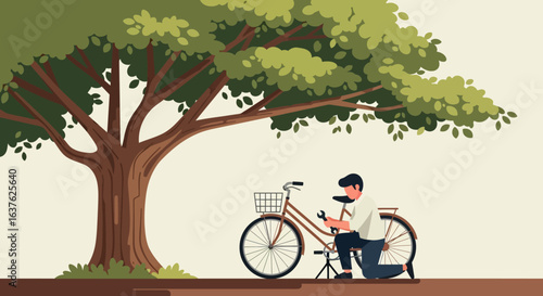 Man repairs a brown bicycle with a basket under a large green tree