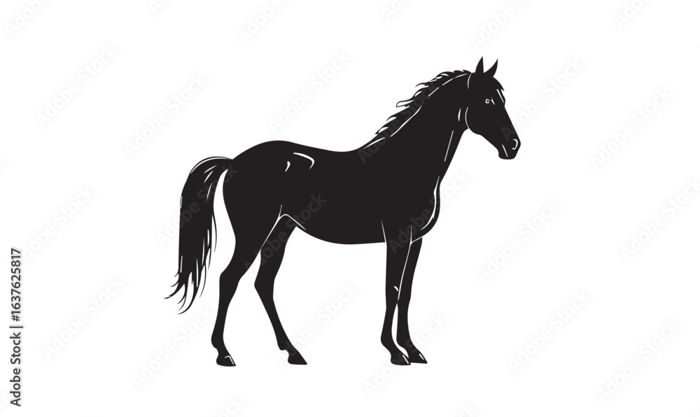 Fototapeta premium Black Horse Silhouette Illustration – Elegant Standing Horse Side Profile on White Background