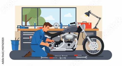 Mechanic Kneeling, Repairing Motorcycle Engine in Well-Lit Workshop Scene.