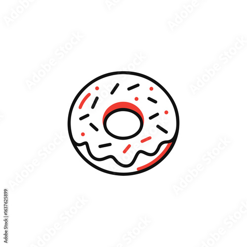 A delightful donut featuring a red and black icing with sprinkles, creating a visually appealing and appetizing treat.