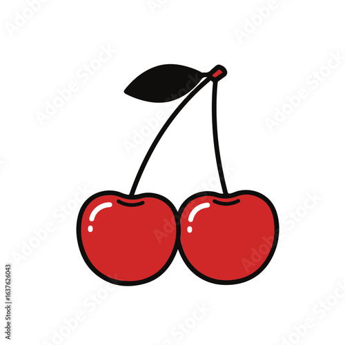 Two red cherries with a stem and leaf, offering a simple and appetizing visual.