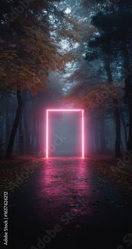 Pink neon rectangle portal in misty autumn forest