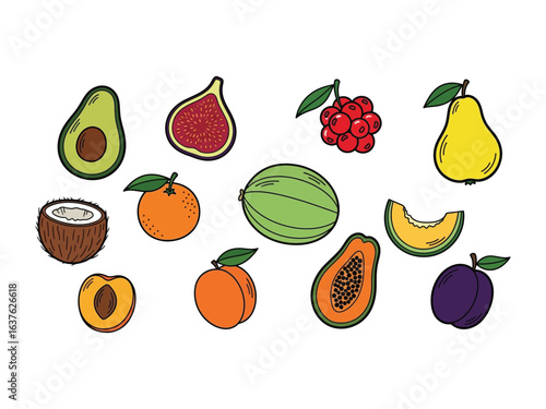 Fresh Fruit Extravaganza: An illustrated collection of various fruits, a vibrant and colorful composition that celebrates the diverse flavors and forms of nature's bounty.